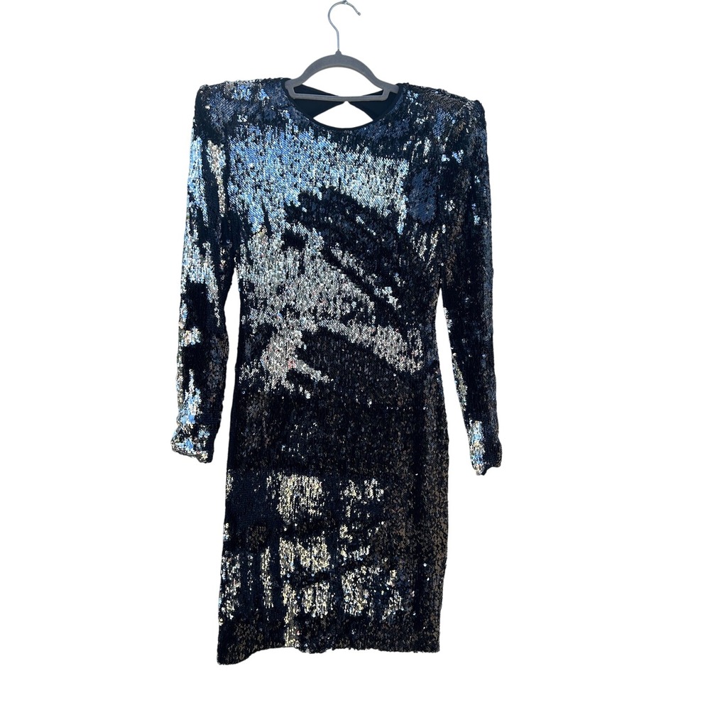 Naeem Khan Black Silver Flippy Sequin Open Back Long Sleeve Mini Dress - Picture 3 of 6